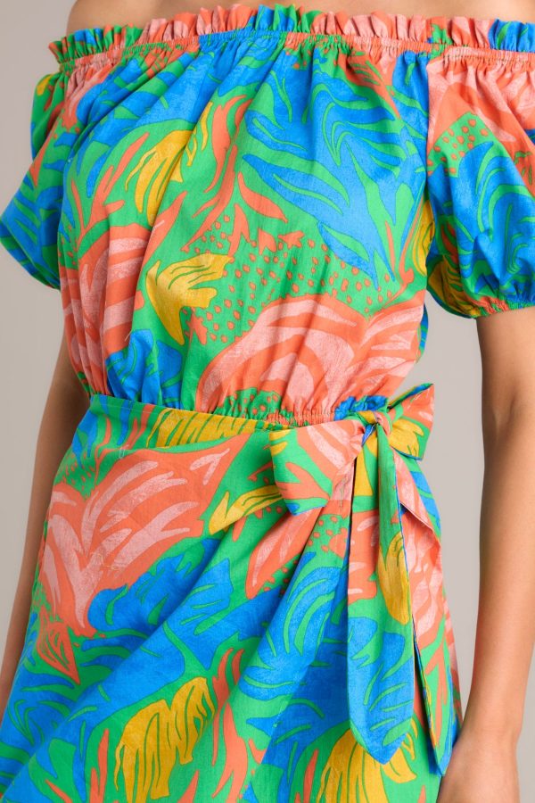 Tropicana Dream Green Tropical Print Off-The-Shoulder Romper Sale - Image 4