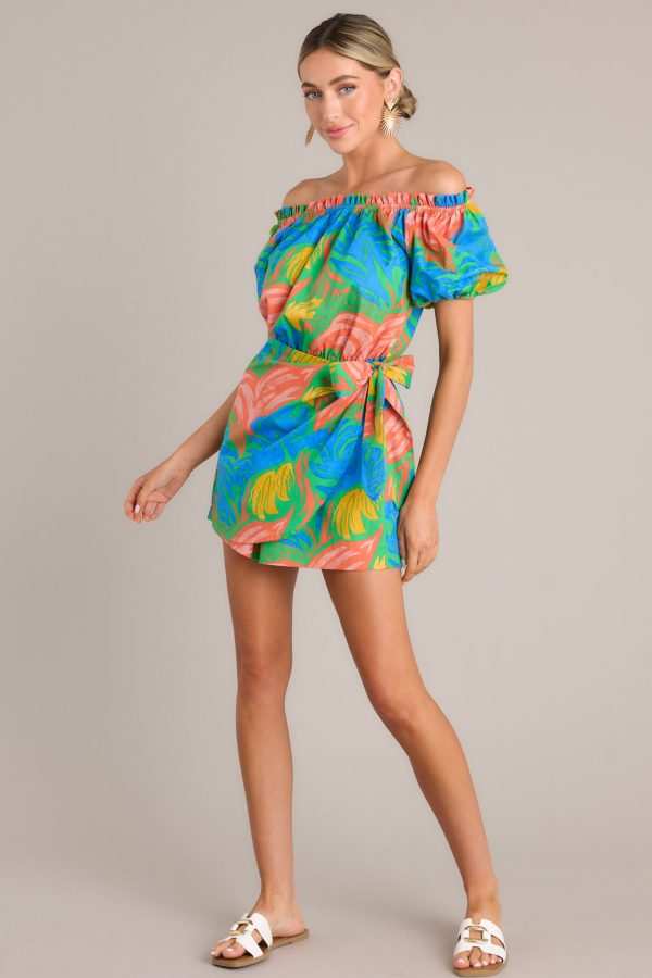Tropicana Dream Green Tropical Print Off-The-Shoulder Romper Sale - Image 5