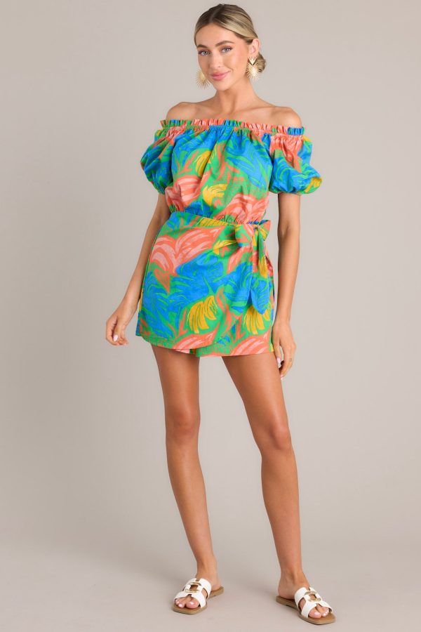 Tropicana Dream Green Tropical Print Off-The-Shoulder Romper Sale - Image 3